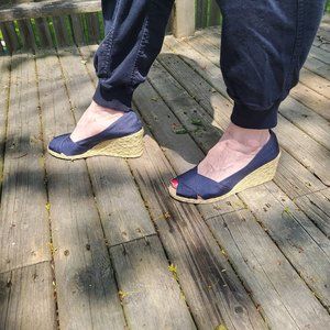 Ralph Lauren Espadrille Wedge raw silk Navy Sz 7 Cecilia